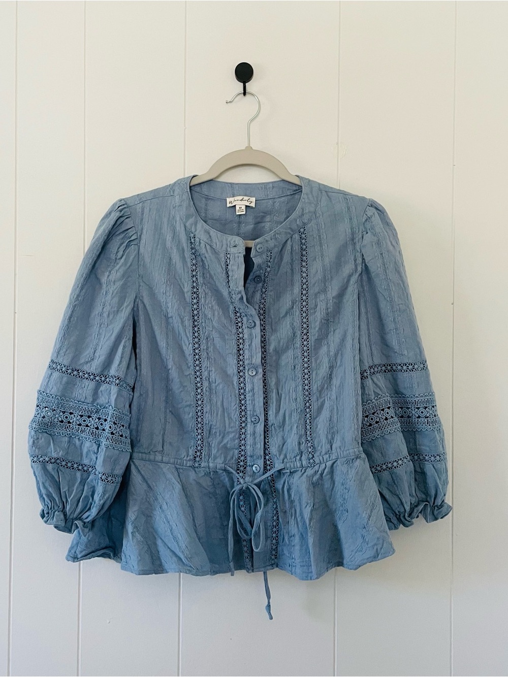 Wonderly Light Blue Lace-Trim Button Peplum Blouse